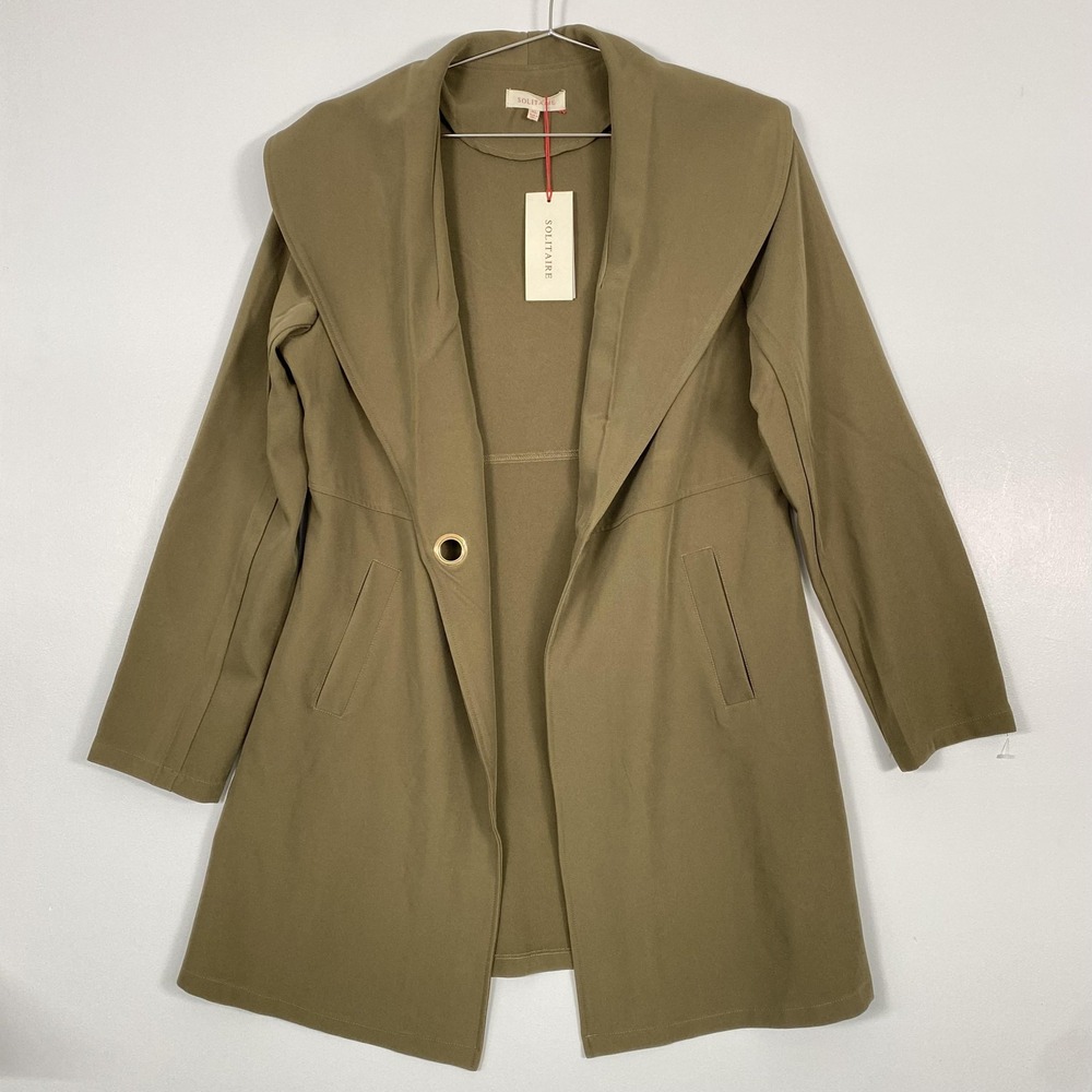 Solitaire Coat Womens XL Beige Cotton Blend Open Front Twill Overcoat‎ Unlined